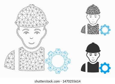 Mesh repairman model with triangle mosaic icon. Wire frame triangular mesh of repairman. Vector mosaic of triangle elements in various sizes, and color tints. Abstract 2d mesh repairman,