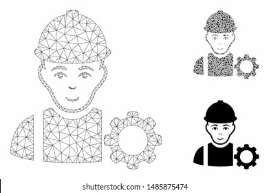 Mesh repairman model with triangle mosaic icon. Wire carcass triangular mesh of repairman. Vector composition of triangle parts in variable sizes, and color tinges. Abstract flat mesh repairman,