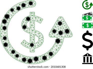 Mesh repeat payment polygonal 2d vector illustration, with black infectious centers. Model is created from repeat payment flat icon, with infectious centers and polygonal net.