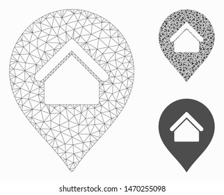 Mesh residence marker model with triangle mosaic icon. Wire carcass polygonal mesh of residence marker. Vector mosaic of triangles in variable sizes, and color tones.