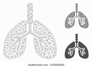 Mesh respiratory system model with triangle mosaic icon. Wire frame polygonal network of respiratory system. Vector mosaic of triangle elements in various sizes, and color tinges.