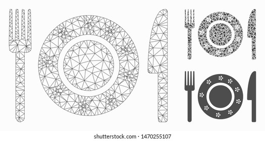 Mesh restaurant tableware model with triangle mosaic icon. Wire carcass triangular network of restaurant tableware. Vector mosaic of triangle parts in different sizes, and color hues.