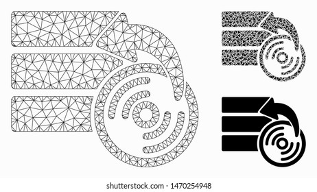 Mesh restore database model with triangle mosaic icon. Wire frame polygonal mesh of restore database. Vector composition of triangle parts in variable sizes, and color tinges.