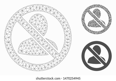 Mesh restricted user model with triangle mosaic icon. Wire carcass polygonal mesh of restricted user. Vector composition of triangle elements in different sizes, and color shades.