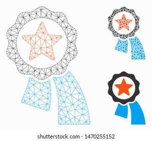 Mesh reward badge model with triangle mosaic icon. Wire carcass triangular mesh of reward badge. Vector mosaic of triangle parts in variable sizes, and color tinges. Abstract flat mesh reward badge,