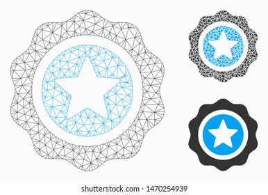 Mesh reward seal model with triangle mosaic icon. Wire carcass polygonal mesh of reward seal. Vector mosaic of triangle parts in variable sizes, and color tints. Abstract 2d mesh reward seal,
