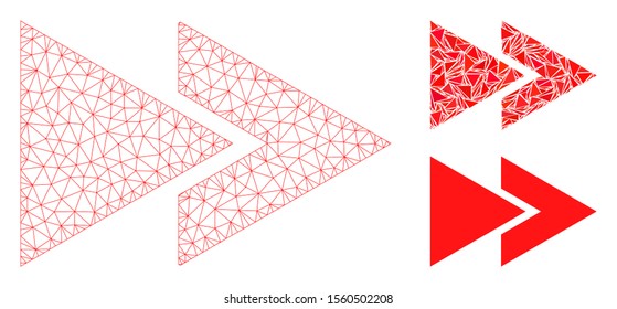 Mesh rewind forward model with triangle mosaic icon. Wire carcass polygonal mesh of rewind forward. Vector mosaic of triangle elements in various sizes, and color tones.