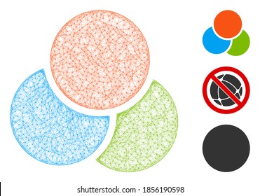 Mesh RGB color circles polygonal web icon vector illustration. Model is based on RGB color circles flat icon. Triangular network forms abstract RGB color circles flat carcass.