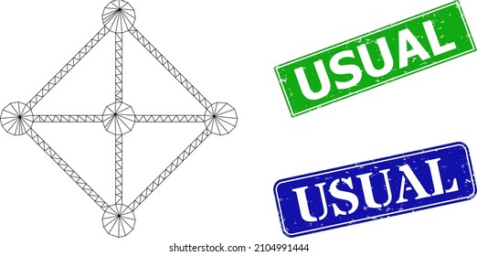 Imagen de nodos de rejilla de rhombus de malla, y imitaciones de sellos sucios de rectángulo azul y verde habituales. La imagen de la carcasa de malla se crea a partir del icono de nodos de cuadrícula de rhombus. Los sellos contienen el título habitual dentro de la forma de rectángulo.