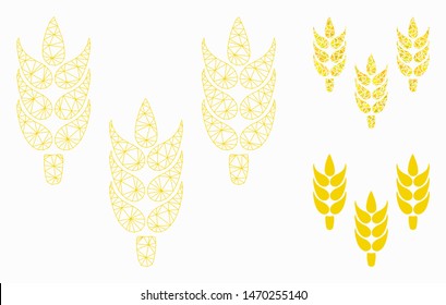 Mesh rice model with triangle mosaic icon. Wire carcass polygonal network of rice. Vector mosaic of triangle parts in variable sizes, and color tones. Abstract 2d mesh rice,