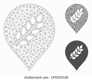 Mesh rice plantation marker model with triangle mosaic icon. Wire carcass triangular mesh of rice plantation marker. Vector mosaic of triangle parts in various sizes, and color hues.