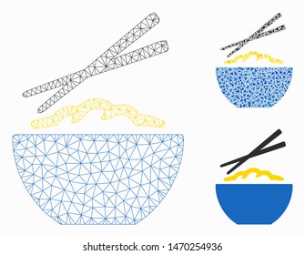 Mesh rice porridge model with triangle mosaic icon. Wire carcass polygonal mesh of rice porridge. Vector composition of triangle parts in variable sizes, and color tones.