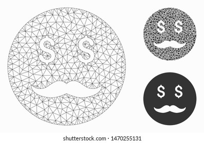 Mesh rich dad smiley model with triangle mosaic icon. Wire frame triangular mesh of rich dad smiley. Vector mosaic of triangle parts in variable sizes, and color tones.