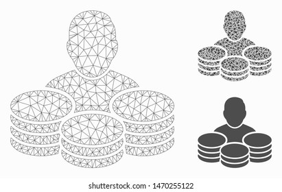 Mesh rich man model with triangle mosaic icon. Wire carcass triangular mesh of rich man. Vector composition of triangle parts in variable sizes, and color hues. Abstract flat mesh rich man,
