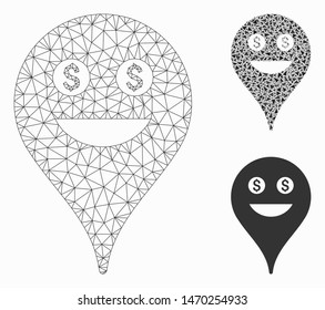 Mesh rich smiley map marker model with triangle mosaic icon. Wire carcass polygonal mesh of rich smiley map marker. Vector mosaic of triangles in various sizes, and color tones.