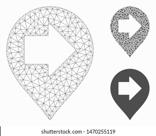 Mesh right arrow marker model with triangle mosaic icon. Wire carcass triangular mesh of right arrow marker. Vector mosaic of triangles in different sizes, and color tones.