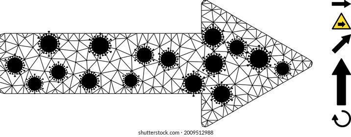 Mesh right arrow polygonal icon vector illustration, with black virus nodes. Abstraction is based on right arrow flat icon, with virus nodes and polygonal mesh.