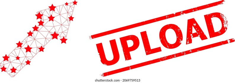 Malla hacia arriba flecha hacia arriba ilustración del vector de icono poligonal, y sello de sello rojo Raspado UPLOAD. El modelo de canal se crea a partir del icono plano de flecha hacia arriba, con estrellas y malla triangular.