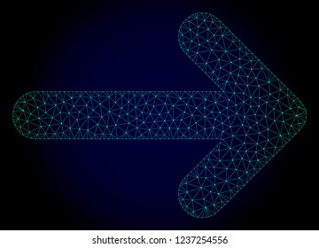 Mesh right arrow polygonal illustration. Abstract mesh lines, triangles and points on dark background with right arrow. Wire frame 2D polygonal line network in vector format on a dark blue background.