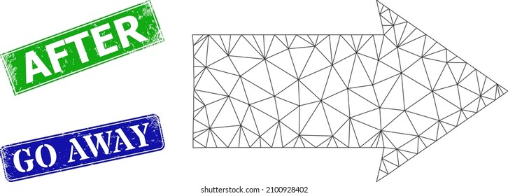 Mesh right direction image, and After blue and green rectangle corroded badges. Polygonal wireframe image based on right direction pictogram. Stamp seals include After caption inside rectangle form.