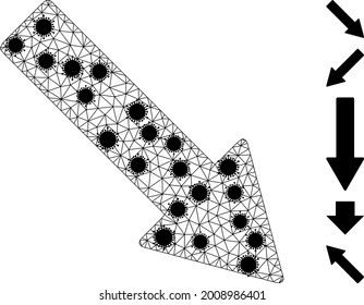 Mesh right down arrow polygonal icon vector illustration, with black infectious centers. Carcass model is based on right down arrow flat icon, with infectious elements and triangle net.