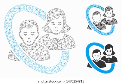 Mesh ringed people couple model with triangle mosaic icon. Wire carcass triangular network of ringed people couple. Vector mosaic of triangle parts in various sizes, and color tones.