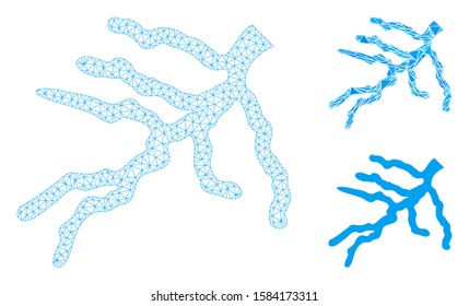 Mesh river model with triangle mosaic icon. Wire frame triangular mesh of river. Vector collage of triangle elements in various sizes, and color shades. Abstract 2d mesh river,