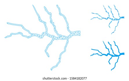 Mesh river model with triangle mosaic icon. Wire carcass polygonal mesh of river. Vector mosaic of triangle elements in variable sizes, and color tints. Abstract 2d mesh river,