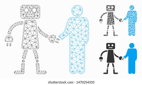 Mesh robot human handshake model with triangle mosaic icon. Wire carcass polygonal network of robot human handshake. Vector mosaic of triangle elements in different sizes, and color shades.