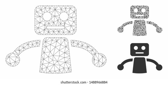 Mesh robot model with triangle mosaic icon. Wire frame polygonal mesh of robot. Vector collage of triangle parts in different sizes, and color tinges. Abstract 2d mesh robot,