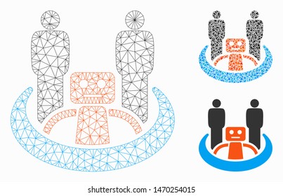 Mesh robot union model with triangle mosaic icon. Wire carcass polygonal mesh of robot union. Vector collage of triangle elements in various sizes, and color hues. Abstract 2d mesh robot union,