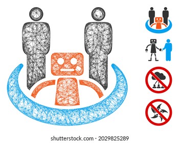 Ilustración vectorial de icono de unión de robots de malla. La abstracción se basa en el icono plano de unión de robots. La red forma la carcasa plana abstracta de unión de robots. Red web plana con marco de cable aislada en un fondo blanco.