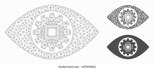 Mesh robotics eye lens model with triangle mosaic icon. Wire frame triangular mesh of robotics eye lens. Vector mosaic of triangle parts in variable sizes, and color tinges.