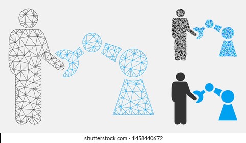 Mesh robotics handshake model with triangle mosaic icon. Wire frame polygonal mesh of robotics handshake. Vector composition of triangle parts in various sizes, and color tones.