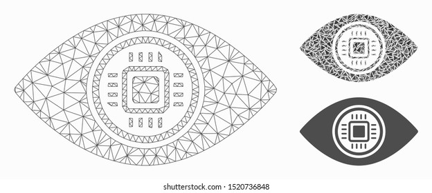 Mesh robotics vision model with triangle mosaic icon. Wire carcass triangular network of robotics vision. Vector mosaic of triangle parts in various sizes, and color tints.