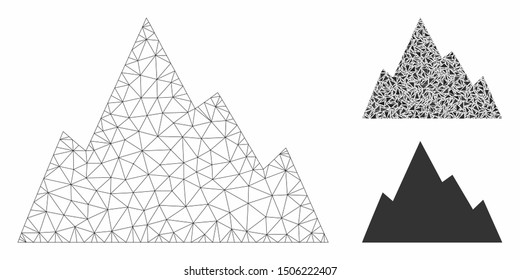 Mesh rock mountain model with triangle mosaic icon. Wire frame polygonal network of rock mountain. Vector mosaic of triangle parts in different sizes, and color tints. Abstract 2d mesh rock mountain,
