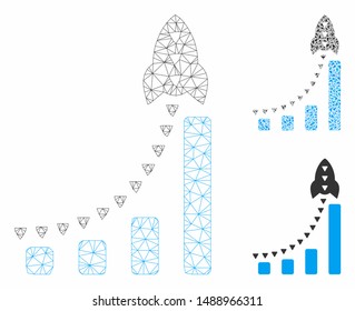 Mesh rocket business bar chart model with triangle mosaic icon. Wire frame polygonal mesh of rocket business bar chart. Vector mosaic of triangle parts in various sizes, and color tinges.