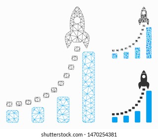 Mesh rocket business start model with triangle mosaic icon. Wire carcass polygonal mesh of rocket business start. Vector mosaic of triangle elements in variable sizes, and color shades.
