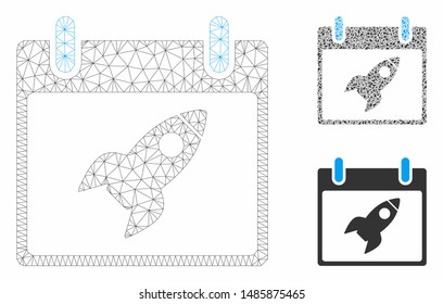 Mesh rocket calendar day model with triangle mosaic icon. Wire carcass triangular mesh of rocket calendar day. Vector mosaic of triangle parts in different sizes, and color tones.