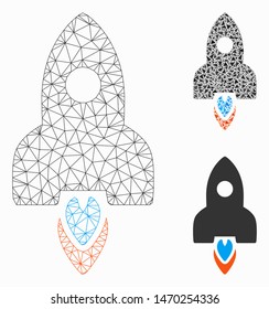 Mesh rocket model with triangle mosaic icon. Wire frame triangular mesh of rocket. Vector mosaic of triangle parts in variable sizes, and color shades. Abstract flat mesh rocket,