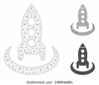 Mesh rocket start position model with triangle mosaic icon. Wire carcass triangular network of rocket start position. Vector mosaic of triangle elements in various sizes, and color tones.