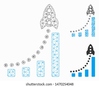 Mesh rocket success bar chart model with triangle mosaic icon. Wire carcass triangular network of rocket success bar chart. Vector collage of triangle parts in variable sizes, and color tones.