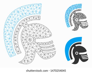 Mesh Rome helmet model with triangle mosaic icon. Wire frame polygonal mesh of Rome helmet. Vector mosaic of triangle elements in various sizes, and color tinges. Abstract flat mesh Rome helmet,