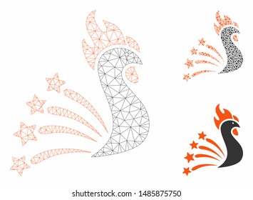 Mesh rooster fireworks model with triangle mosaic icon. Wire carcass polygonal mesh of rooster fireworks. Vector composition of triangle parts in variable sizes, and color tints.