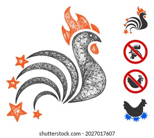 Mesh rooster sparkles web icon vector illustration. Model is based on rooster sparkles flat icon. Mesh forms abstract rooster sparkles flat model.