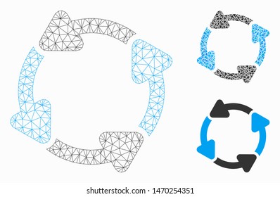 Mesh rotate CW model with triangle mosaic icon. Wire carcass polygonal mesh of rotate CW. Vector collage of triangle elements in different sizes, and color tints. Abstract flat mesh rotate CW,
