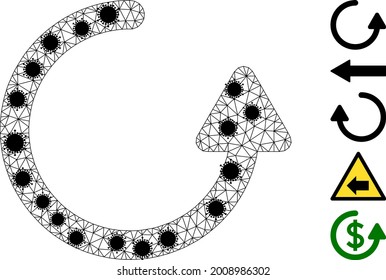 Mesh rotate left arrow polygonal 2d vector illustration, with black virus items. Carcass model is based on rotate left arrow flat icon, with virus centers and polygonal mesh.