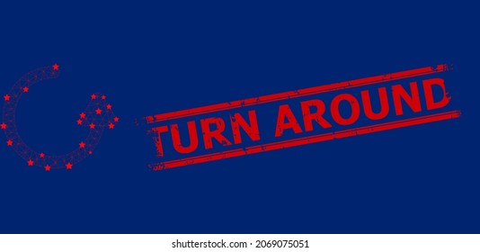 Mesh rotate left arrow polygonal icon vector illustration, and red TURN AROUND textured badge. Carcass model is created from rotate left arrow flat icon, with stars and triangular mesh.
