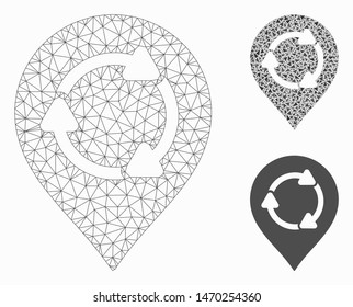Mesh rotation map marker model with triangle mosaic icon. Wire carcass polygonal network of rotation map marker. Vector mosaic of triangle elements in variable sizes, and color tones.