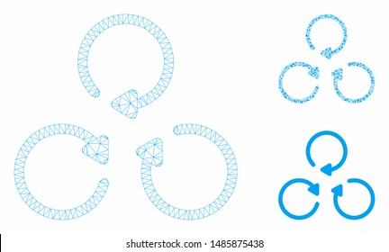 Mesh rotation model with triangle mosaic icon. Wire carcass polygonal network of rotation. Vector collage of triangle elements in variable sizes, and color tinges. Abstract flat mesh rotation,